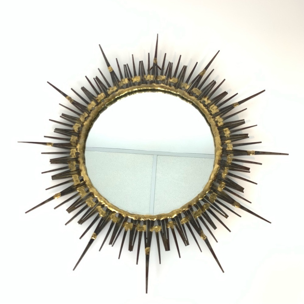 Brutalist Nail Art Wall Mirror Metal Starburst Sun Black Gold Accents Vtg MCM